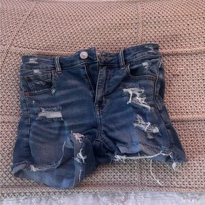 American Eagle Outfitters Blue Jean Shorts with Distressed Design and Frayed Hem